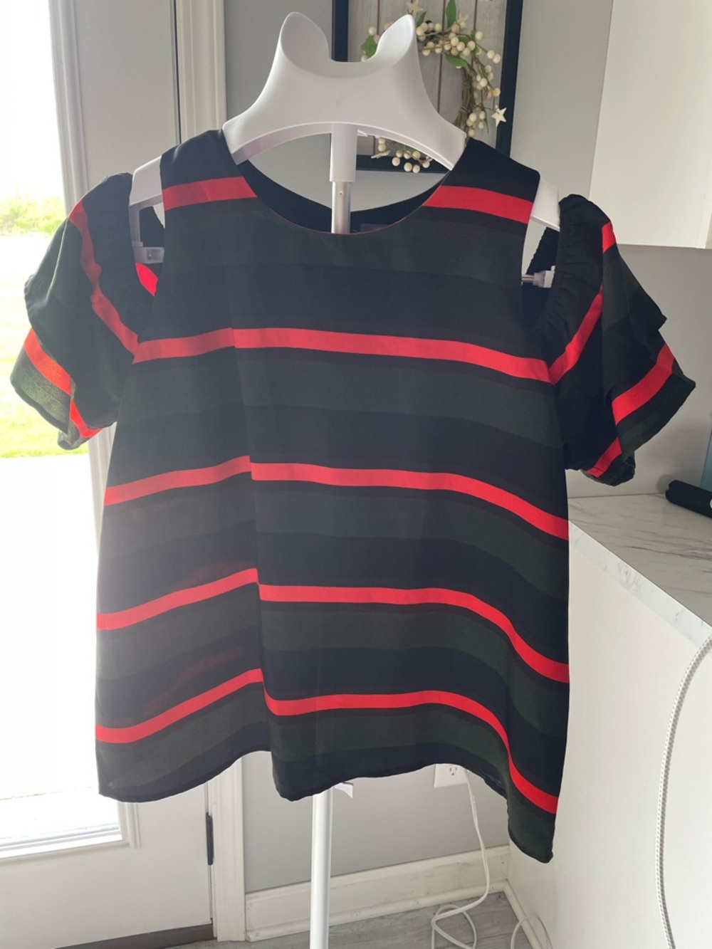 Striped Cold-Shoulder Blouse in Black, Red, and Army Green